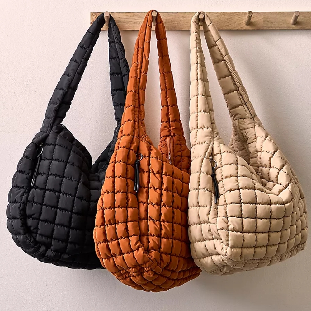 FP Movement Free People Black Quilted Carryall Shoulder Bag Tote Gym Hobo New - Picture 7 of 12